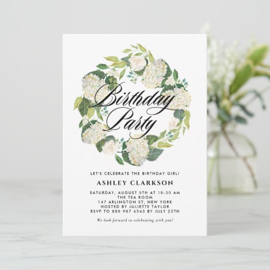 Invitation Aquarelle Blanc Hydrangea Wreath fête d'anniversai (Debout devant)