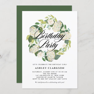 Invitation Aquarelle Blanc Hydrangea Wreath fête d'anniversai