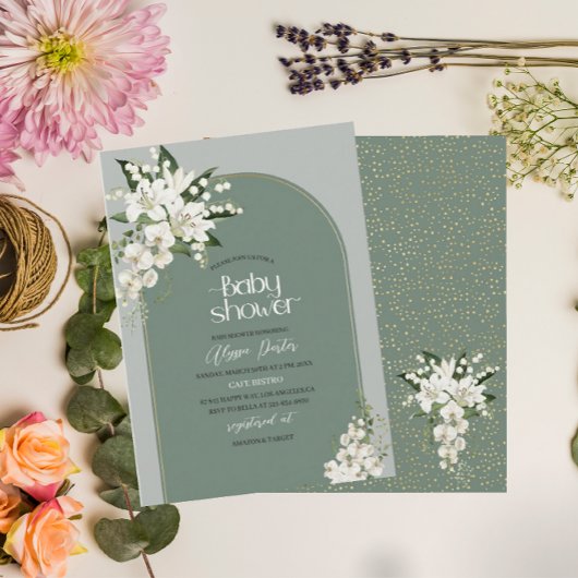 Invitation Aquarelle Blanc Lily et vert arrière - plan Baby S