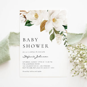 Invitation Aquarelle blanc Magnolia Baby shower rustique