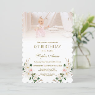 Invitation Aquarelle Blanc Magnolia Photo Girl 1er anniversai