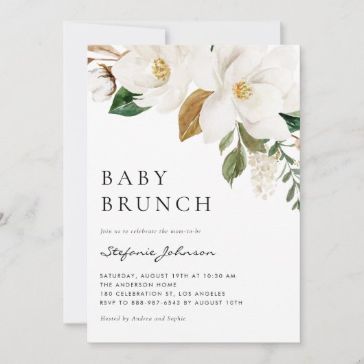 Invitation Aquarelle Blanc Magnolia Rustique Bébé Brunch (Devant)