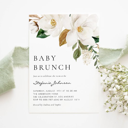 Invitation Aquarelle Blanc Magnolia Rustique Bébé Brunch