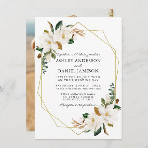 Invitation Aquarelle blanc Magnolias Gold Photo Mariage