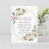 Invitation Aquarelle blanc Magnolias rose Roses Mariage or (Debout devant)