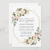 Invitation Aquarelle blanc Magnolias rose Roses Mariage or (Devant / Derrière)