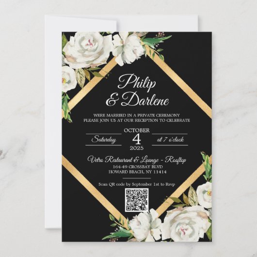 Invitation Aquarelle Blanc Noir Or Floral Mariage Code QR (Devant)