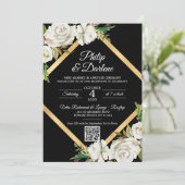 Invitation Aquarelle Blanc Noir Or Floral Mariage Code QR (Debout devant)