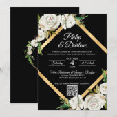 Invitation Aquarelle Blanc Noir Or Floral Mariage Code QR (Devant / Derrière)