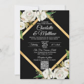Invitation Aquarelle Blanc Noir Or Floral Mariage Code QR (Devant)
