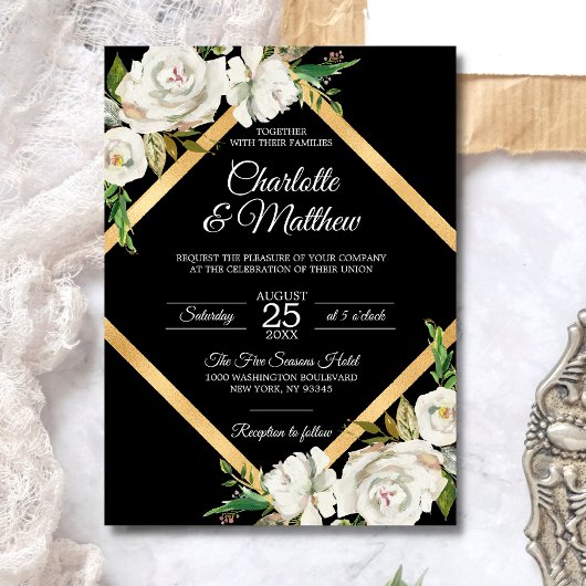 Invitation Aquarelle Blanc Noir Or Mariage Floral