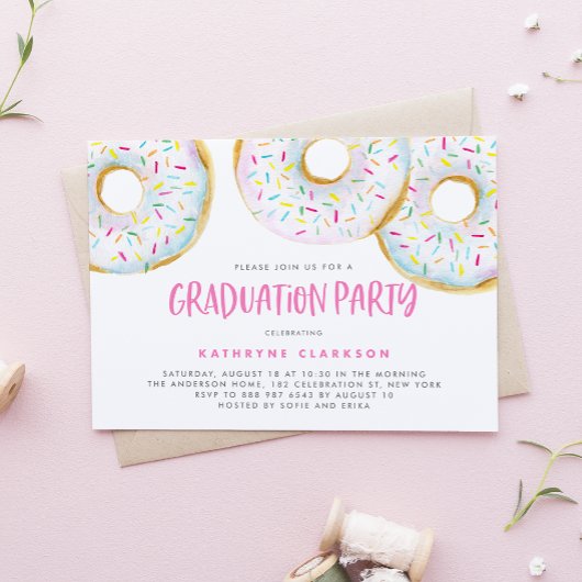 Invitation Aquarelle Blanc Saupoudrer Donuts Graduation Party