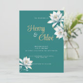 Invitation Aquarelle blanc turquoise lis or Mariage floral (Debout devant)