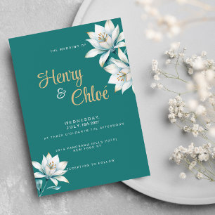 Invitation Aquarelle blanc turquoise lis or Mariage floral