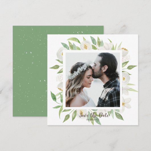 Invitation Aquarelle Blanc & Vert Floral Enregistrer la date (Devant / Derrière)