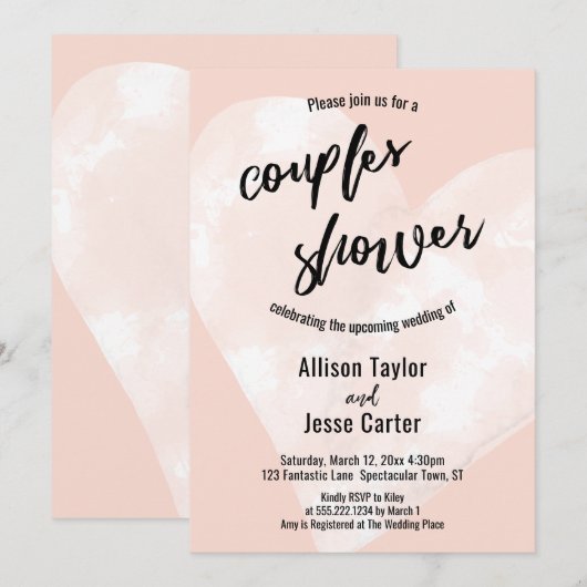 Invitation Aquarelle blanche Coeur rose pâle Couples Douche (Devant / Derrière)