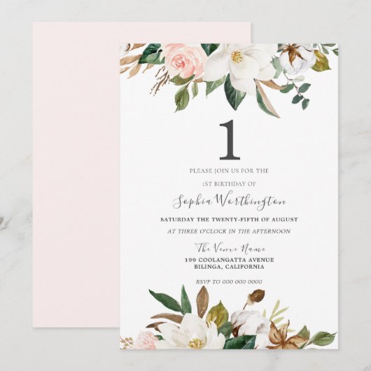 Invitation Aquarelle blanche et blanche Floral 1er anniversai (Devant / Derrière)