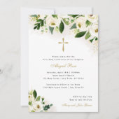 Invitation Aquarelle blanche et or Floral Croix religieuse (Devant)