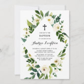 Invitation Aquarelle blanche Feuilles floraux Cadre Baptême (Devant)
