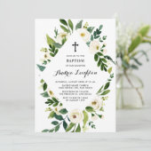 Invitation Aquarelle blanche Feuilles floraux Cadre Baptême (Debout devant)