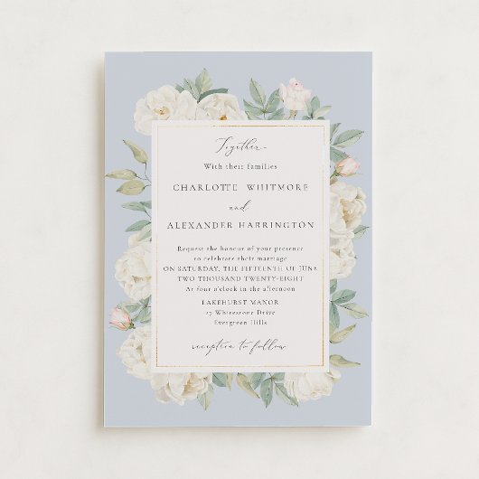 Invitation Aquarelle blanche Fleurs, mariage bleu clair
