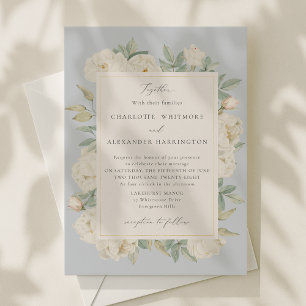 Invitation Aquarelle blanche Fleurs, mariage bleu clair