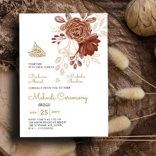 Invitation Aquarelle blanche Floral Russe Or Musulman Mehndi