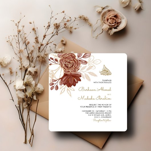 Invitation Aquarelle blanche Floral Rustique or Mariage musul