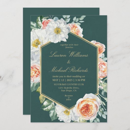 Invitation Aquarelle blanche foncée sur mesure Mariage floral (Devant / Derrière)