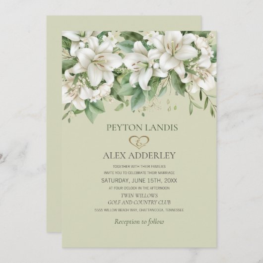 Invitation Aquarelle blanche Lys Verdure Mariage or (Devant / Derrière)