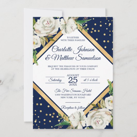 Invitation Aquarelle blanche Marine bleu or Mariage Floral (Devant)