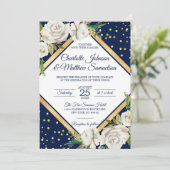 Invitation Aquarelle blanche Marine bleu or Mariage Floral (Debout devant)