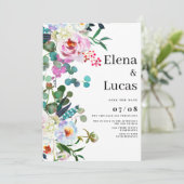 Invitation Aquarelle blanche menthe rose mariage floral (Debout devant)