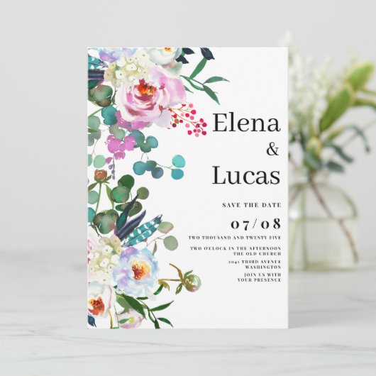 Invitation Aquarelle blanche menthe rose mariage floral (Debout devant)