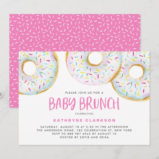 Invitation Aquarelle blanche mignonne Donuts Baby shower Brun (Devant / Derrière)