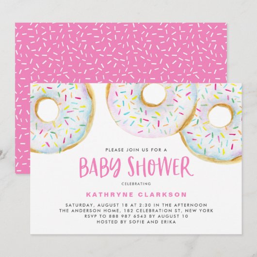 Invitation Aquarelle blanche mignonne Donuts Baby shower fill (Devant / Derrière)