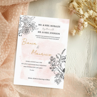 Invitation Aquarelle blanche & Noir Floral Mariage élégant