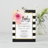Invitation Aquarelle blanche noire Baby shower floral rose (Debout devant)