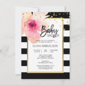 Invitation Aquarelle blanche noire Baby shower floral rose (Devant)