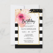 Invitation Aquarelle blanche noire rose Floral fête d'anniver (Devant)