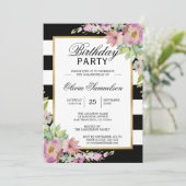 Invitation Aquarelle blanche noire rose Floral fête d'anniver (Debout devant)
