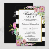 Invitation Aquarelle blanche noire rose Floral fête d'anniver (Devant / Derrière)