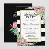 Invitation Aquarelle blanche noire rose Floral fête d'anniver (Devant / Derrière)