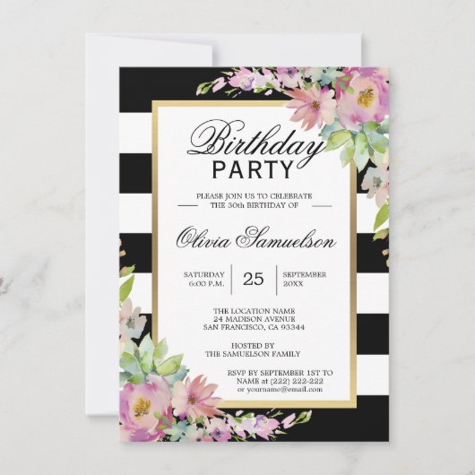 Invitation Aquarelle blanche noire rose Floral fête d'anniver (Devant)
