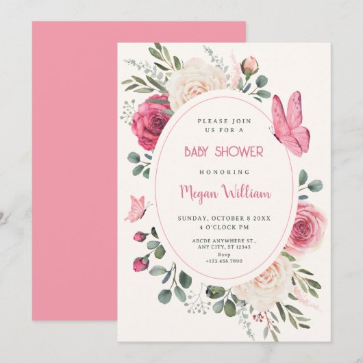 Invitation Aquarelle blanche rose baby shower Rose (Devant / Derrière)