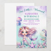 Invitation Aquarelle blanche sirène violette 5e anniversaire (Devant / Derrière)