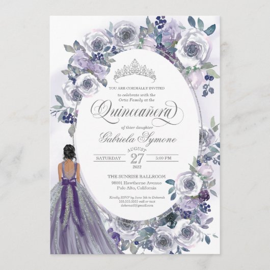 Invitation Aquarelle blanche violette argentée Quinceanera (Devant)