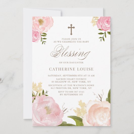 Invitation Aquarelle Blessure Bébé rose Peony Floral (Devant)