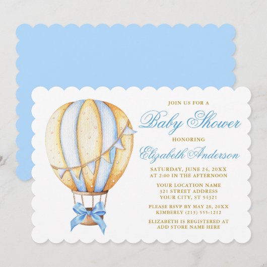 Invitation Aquarelle Bleu à air chaud Baby shower à baudrier (Devant / Derrière)