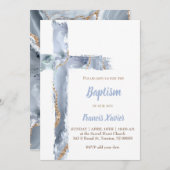 Invitation aquarelle bleu agate cross Baptême (Devant / Derrière)
